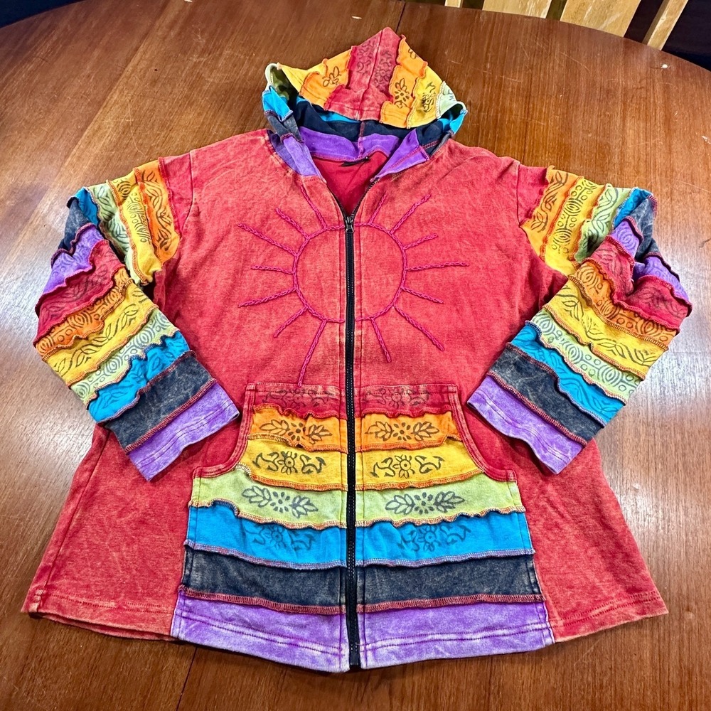 GreaterGood Patchwork Sun Hoodie Womens 2X Red Multicolor Zip Up‎ Cotton  Nepal